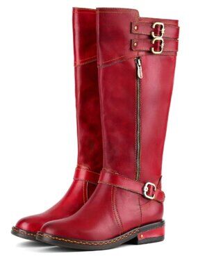 METCANDY Superladystar bold leather Red Scarlet Charm Buckle Hand-painted Boots